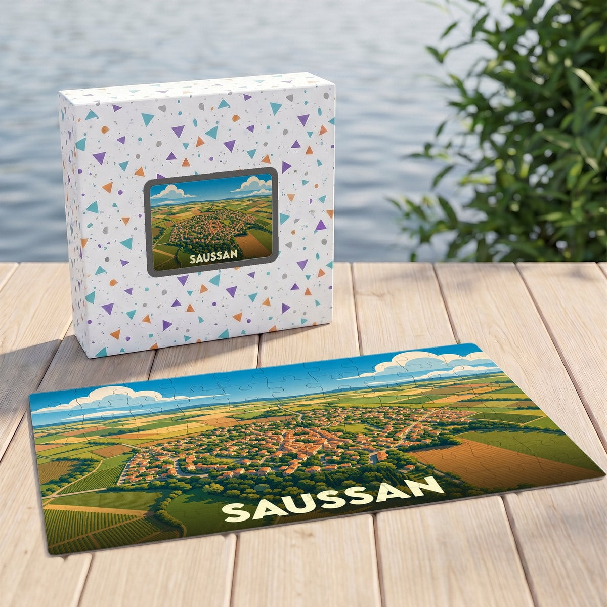 Puzzle souvenir de la ville de Saussan représentant une vue aérienne illustrée de la commune et de ses paysages.