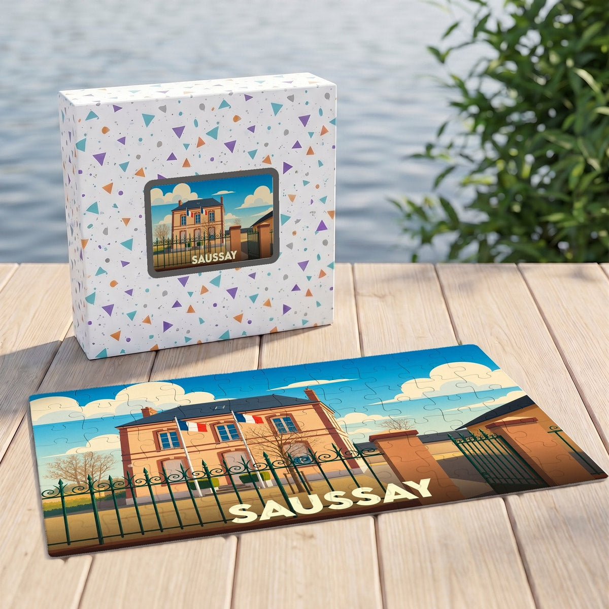 Puzzle souvenir de la ville de Saussay avec une illustration stylisée d'un bâtiment arborant des drapeaux français.