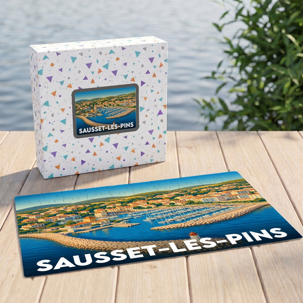 Puzzle souvenir de la ville de Sausset-les-Pins avec une illustration stylisée de son port.