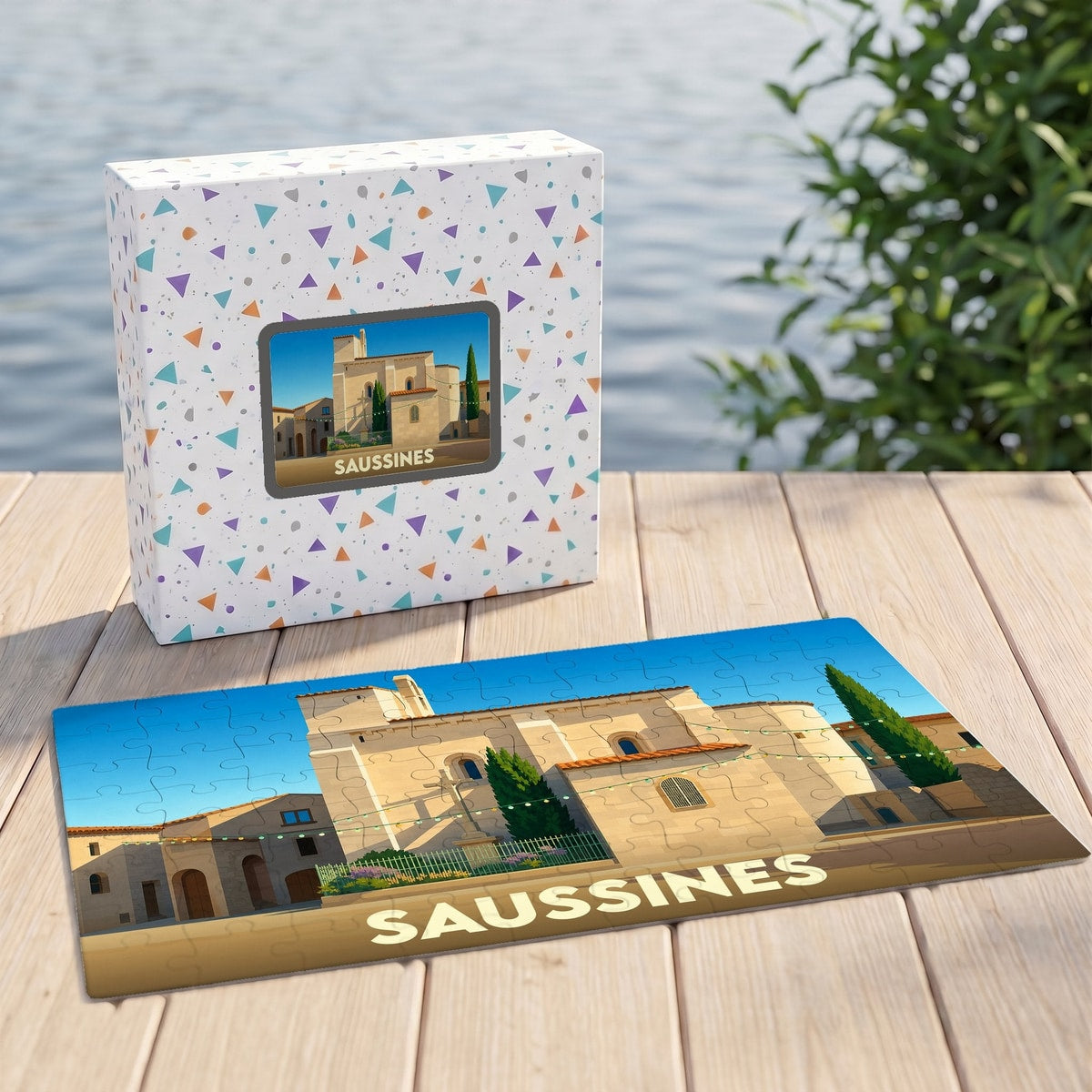 Puzzle souvenir de la ville de Saussines avec une illustration stylisée de son église et de ses bâtiments typiques.