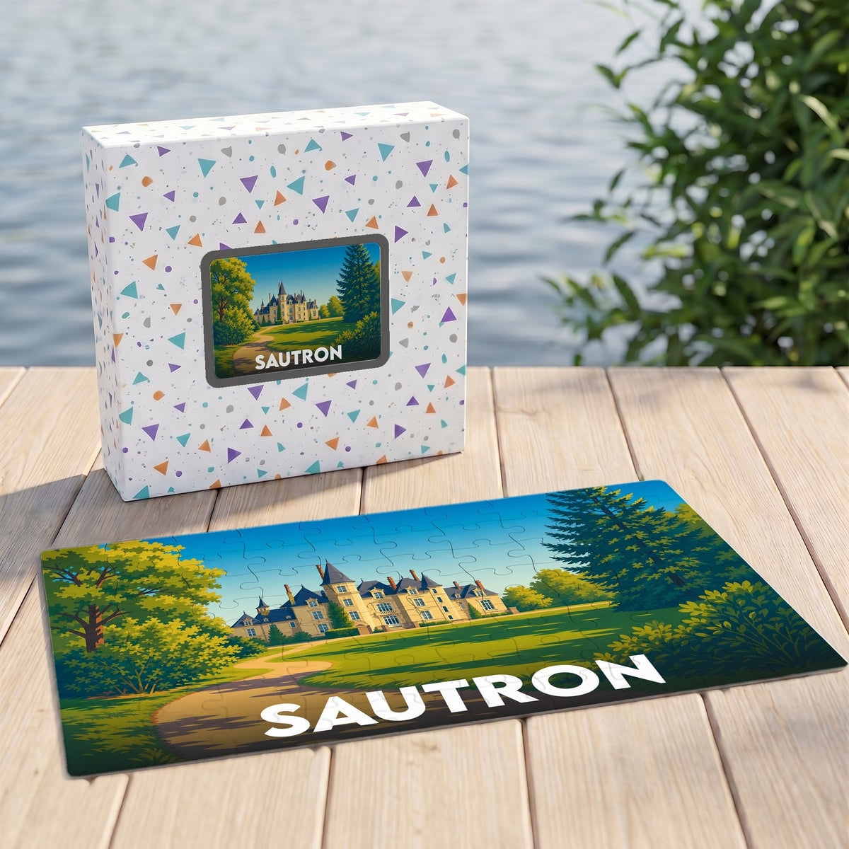 Puzzle souvenir de la ville de Sautron avec une illustration stylisée d'un château.