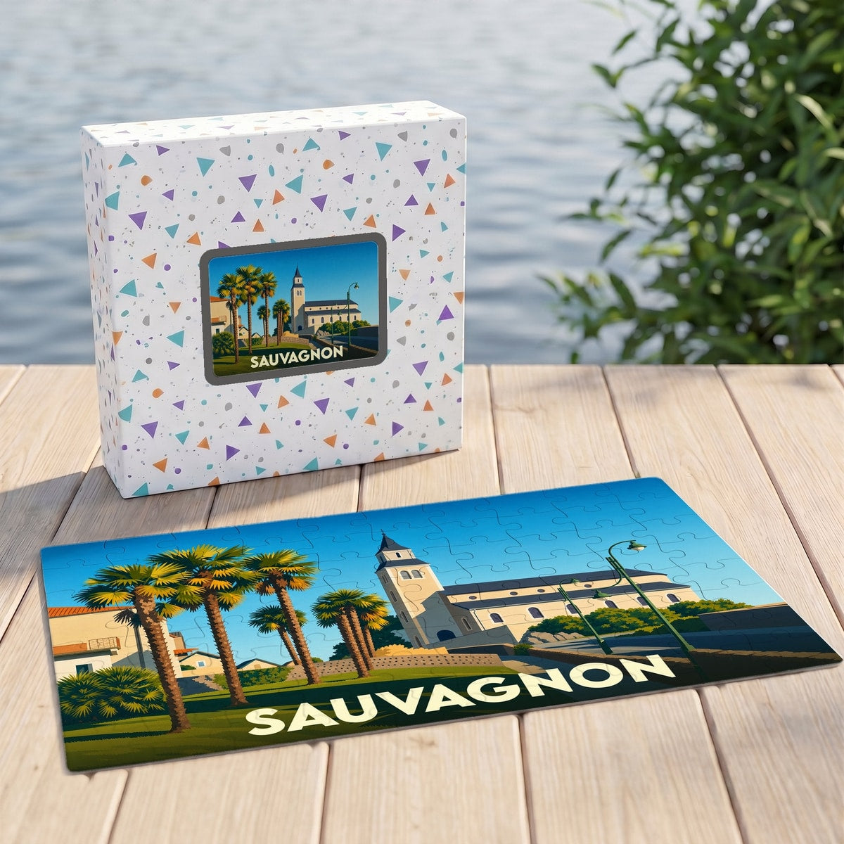 Puzzle souvenir de la ville de Sauvagnon avec une illustration stylisée d'une église et de palmiers.