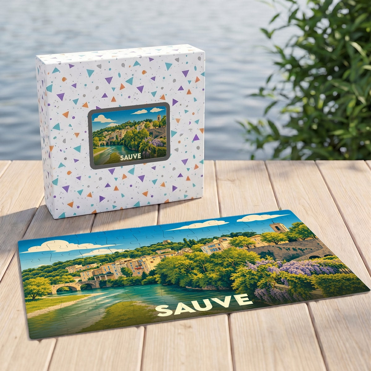 Puzzle souvenir de la ville de Sauve avec une illustration stylisée de son pont et de ses façades au bord de l'eau.