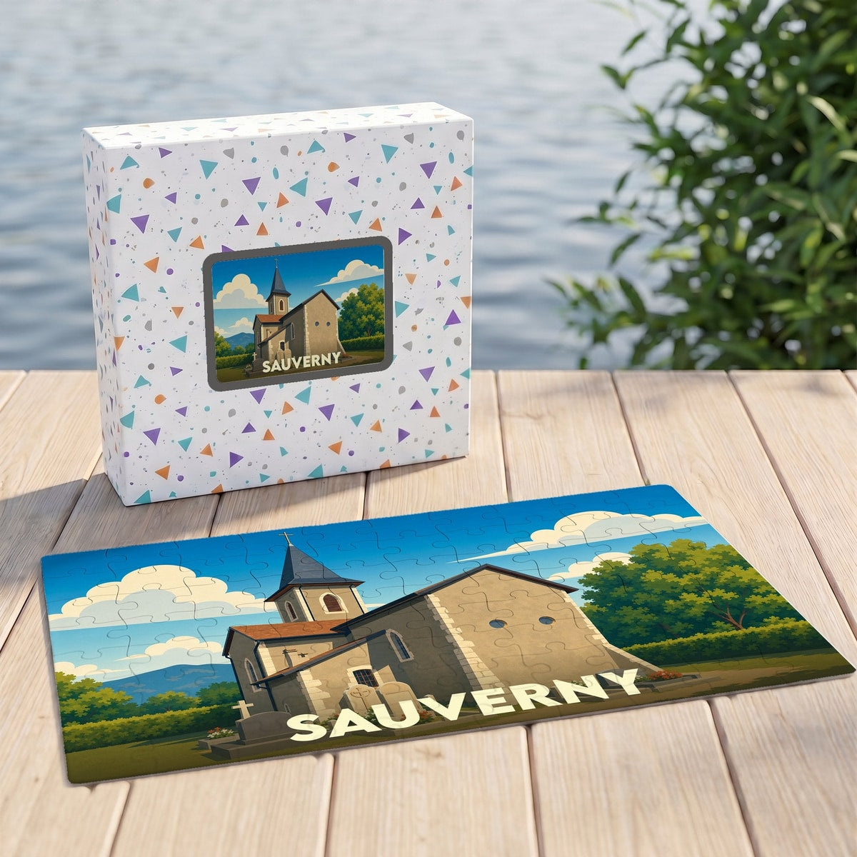 Puzzle souvenir de la ville de Sauverny avec une illustration stylisée.