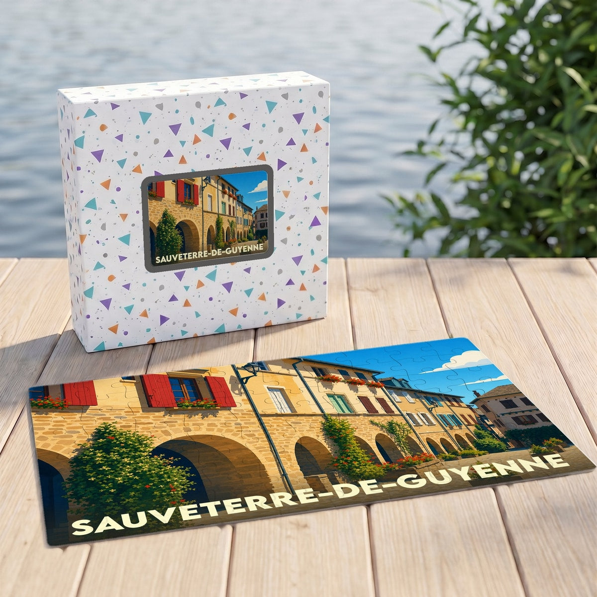Puzzle souvenir de la ville de Sauveterre-de-Guyenne avec une illustration stylisée de ses arcades typiques.