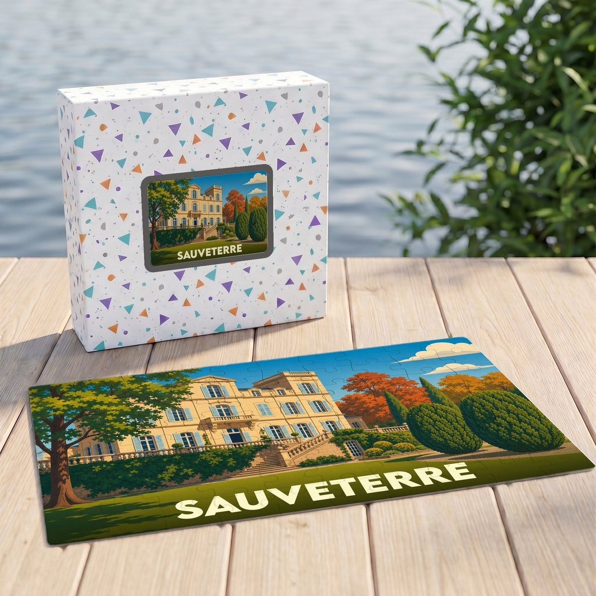 Puzzle souvenir de la ville de Sauveterre représentant une grande demeure illustrée dans un style vintage.