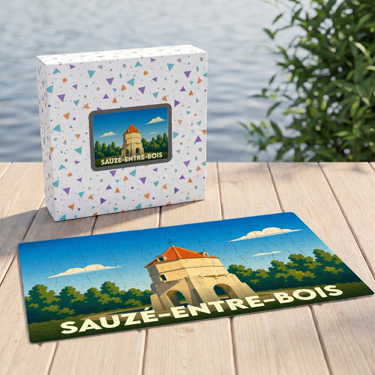 Puzzle souvenir de la ville de Sauzé-entre-Bois avec une illustration stylisée.