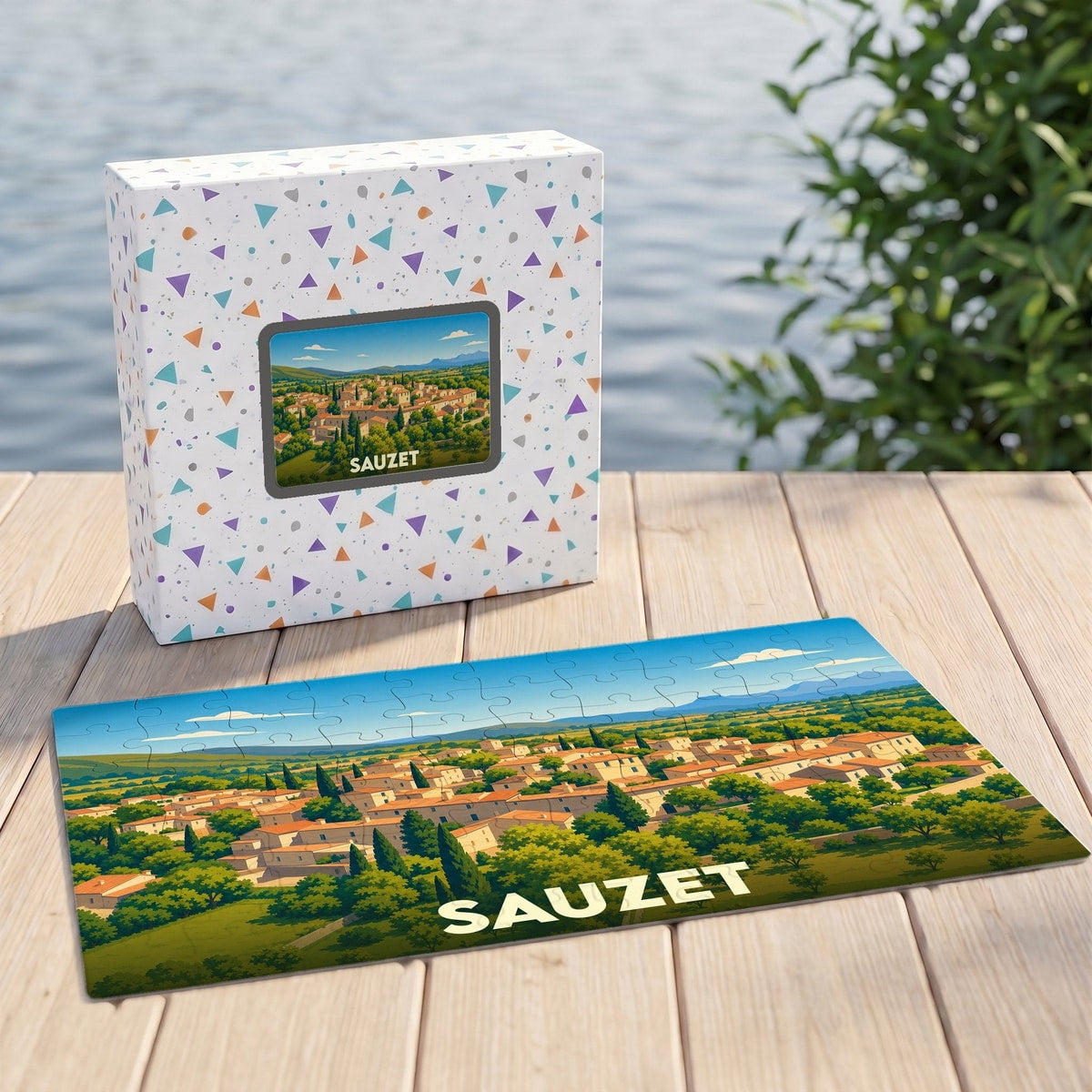 Puzzle souvenir de la ville de Sauzet avec une illustration panoramique stylisée présentée à côté de sa boîte.