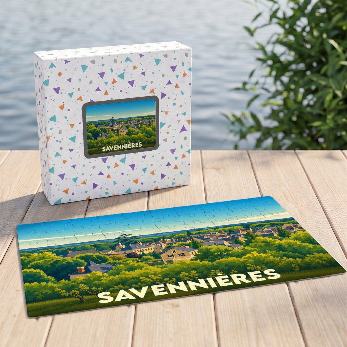 Puzzle souvenir de la ville de Savennières avec une illustration paysagère stylisée.