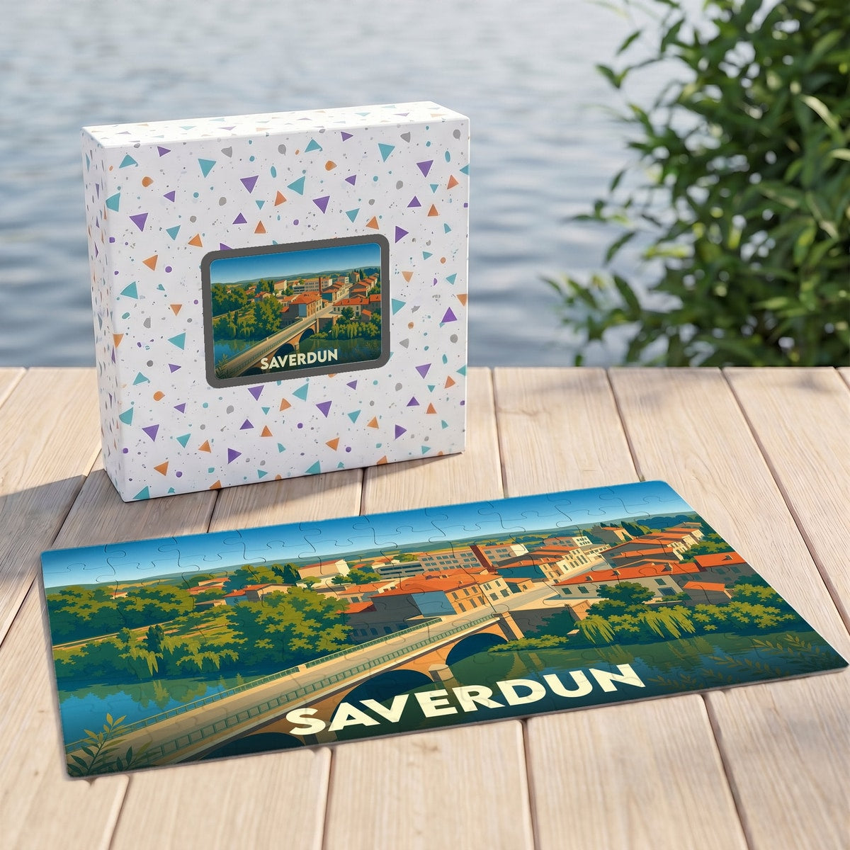 Puzzle souvenir de la ville de Saverdun avec une illustration stylisée de son pont et de ses toits rouges.