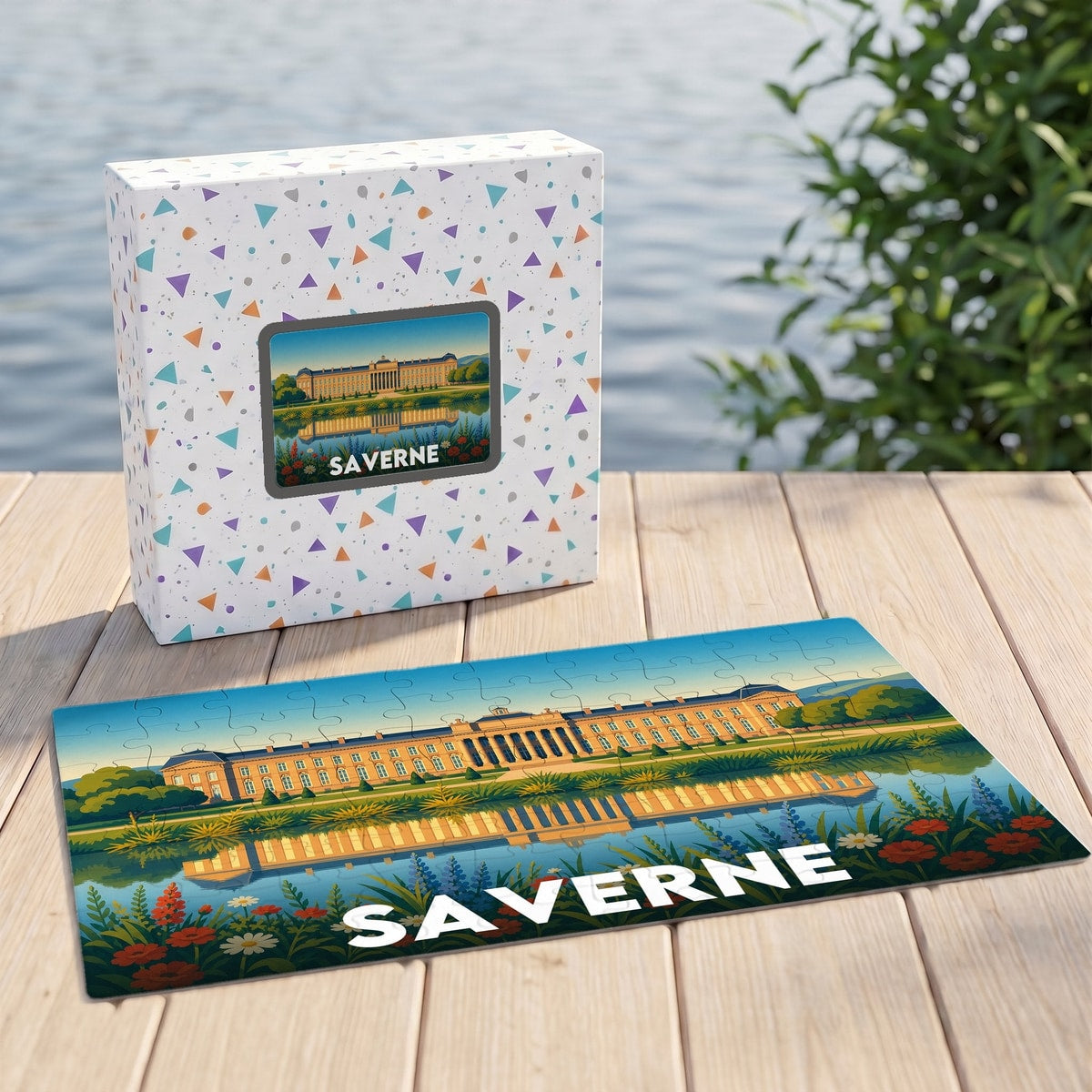 Puzzle souvenir de la ville de Saverne illustrant le château des Rohan et son reflet dans l'eau.