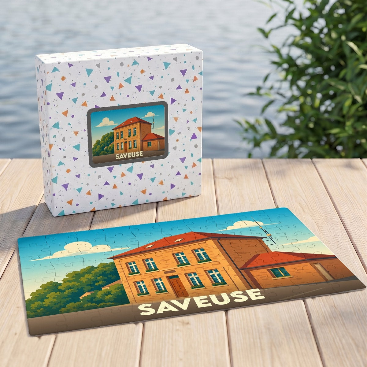 Puzzle souvenir de la ville de Saveuse avec une illustration stylisée.