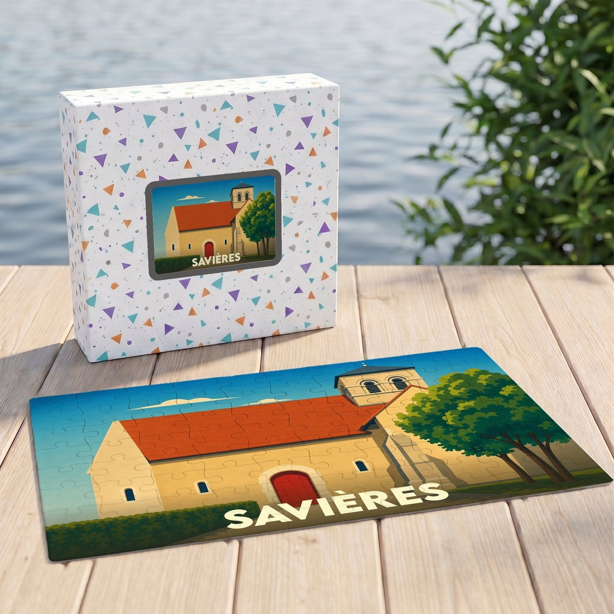 Puzzle souvenir de la ville de Savières avec une illustration stylisée de son église.