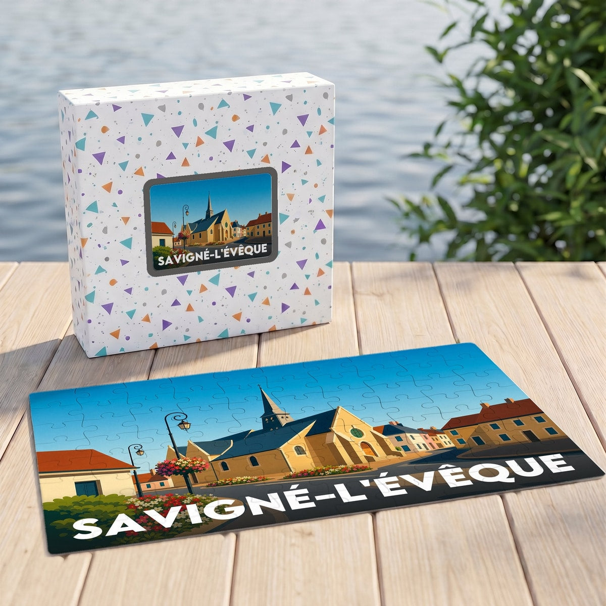 Puzzle souvenir de la ville de Savigné-l'Évêque avec une illustration stylisée.