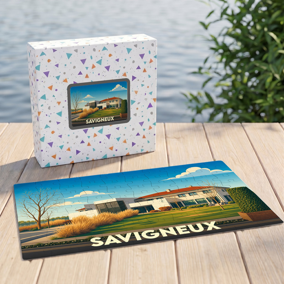Puzzle souvenir de la ville de Savigneux avec une illustration stylisée et colorée.