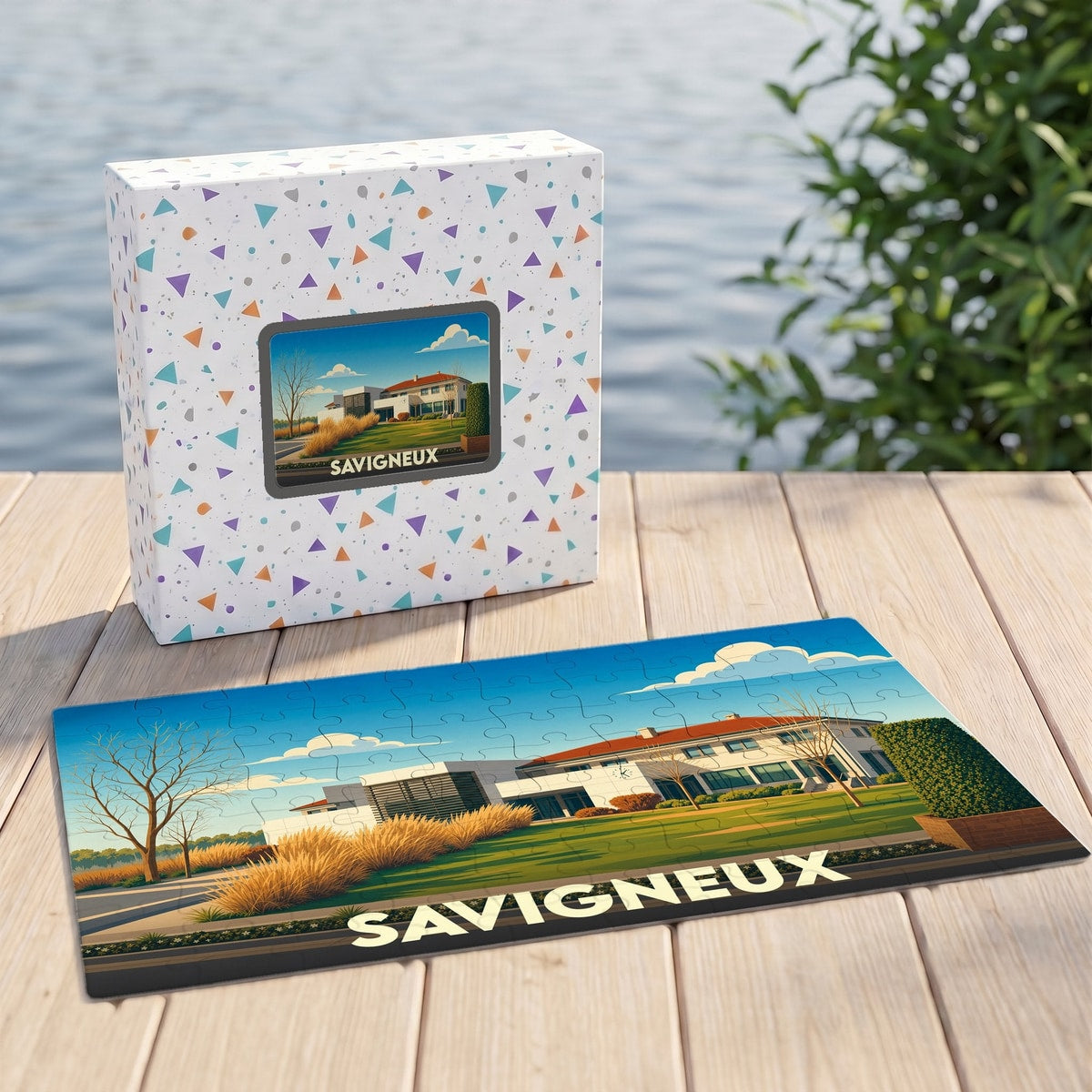 Puzzle souvenir de la ville de Savigneux avec une illustration stylisée et colorée.