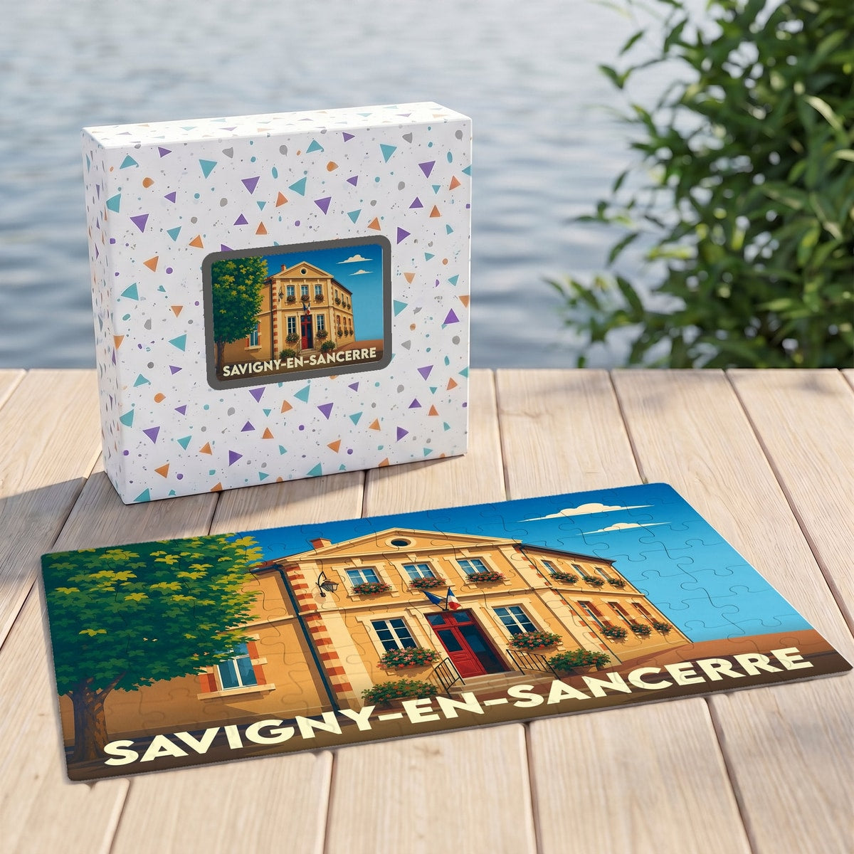 Puzzle souvenir de la ville de Savigny-en-Sancerre illustrant un bâtiment historique dans un style rétro.