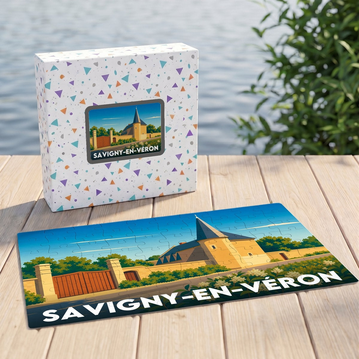 Puzzle souvenir de la commune de Savigny-en-Véron avec une illustration stylisée et colorée.