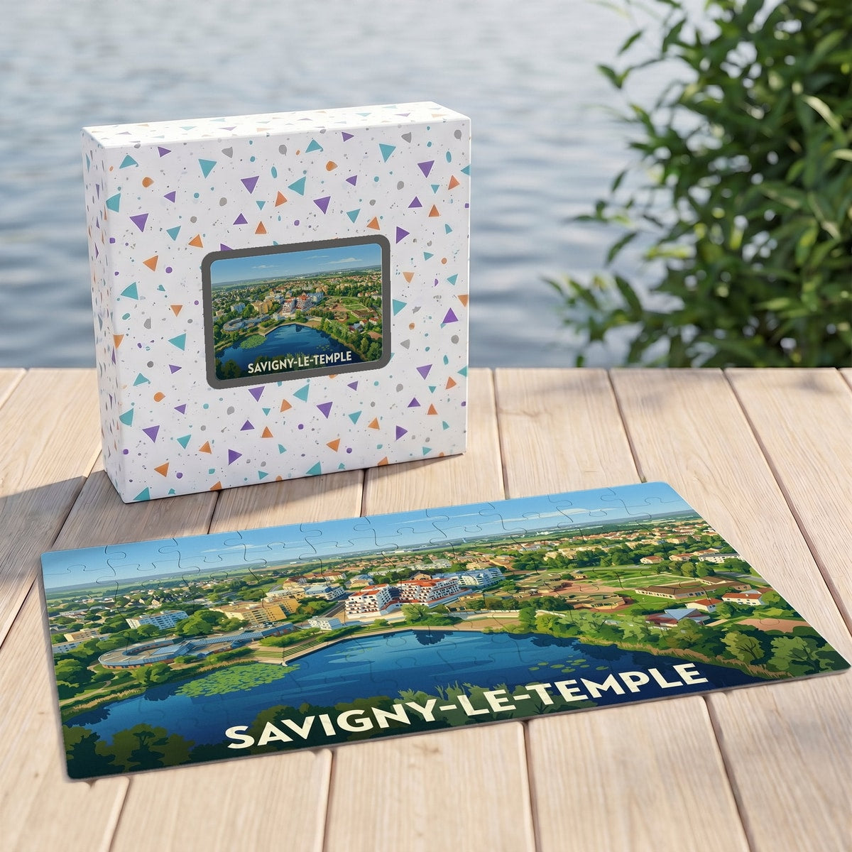Puzzle souvenir de la ville de Savigny-le-Temple avec une illustration panoramique stylisée.