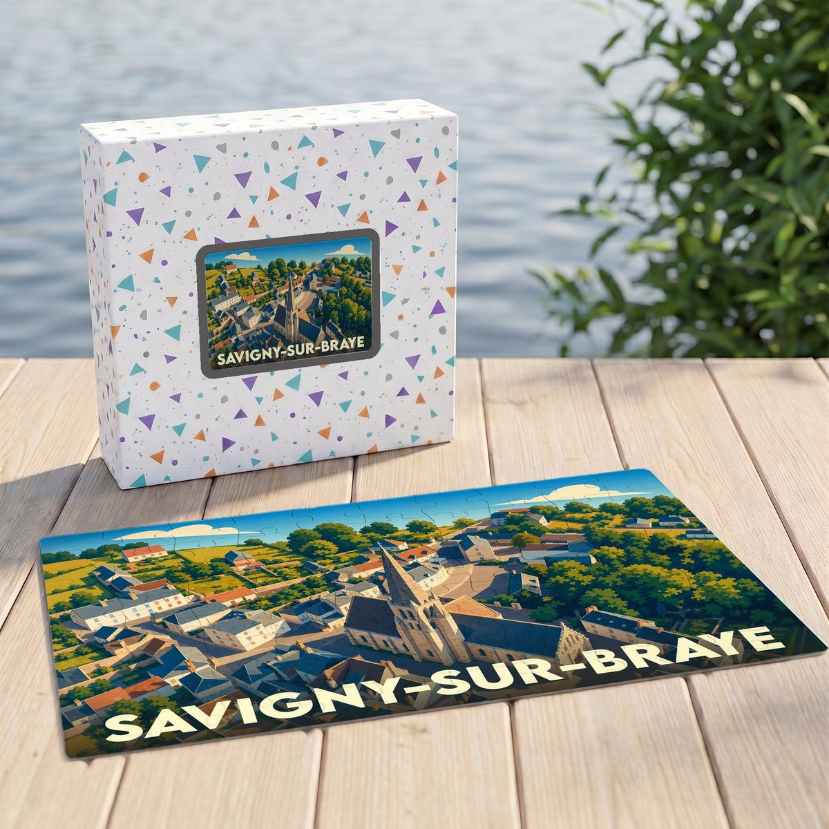 Puzzle souvenir de la ville de Savigny-sur-Braye présentant une vue aérienne illustrée et stylisée du village.