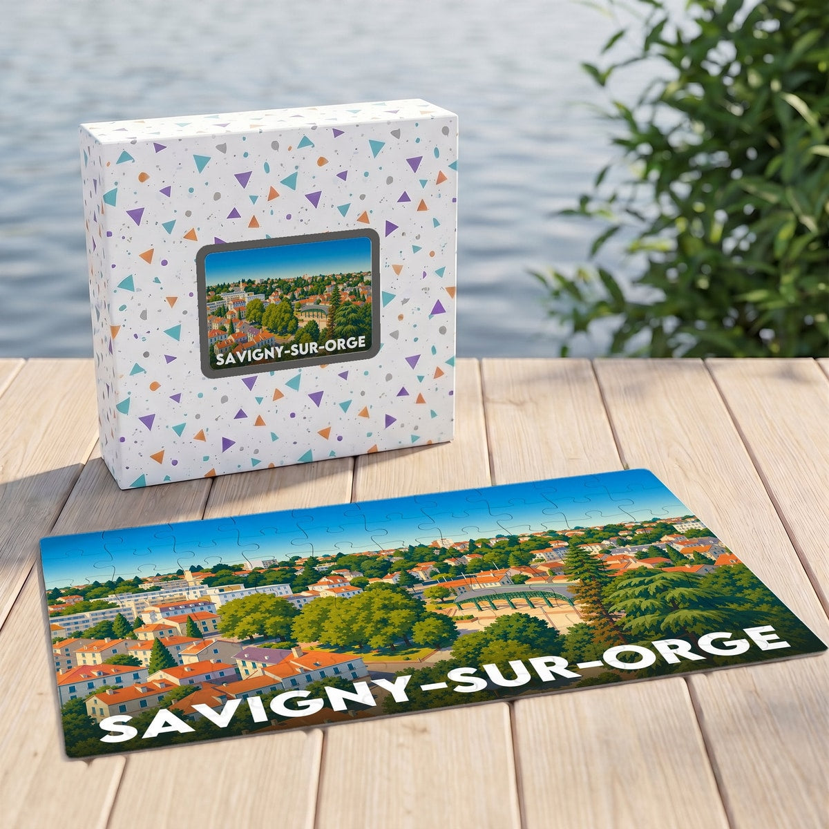 Puzzle souvenir de la ville de Savigny-sur-Orge avec une illustration panoramique colorée.