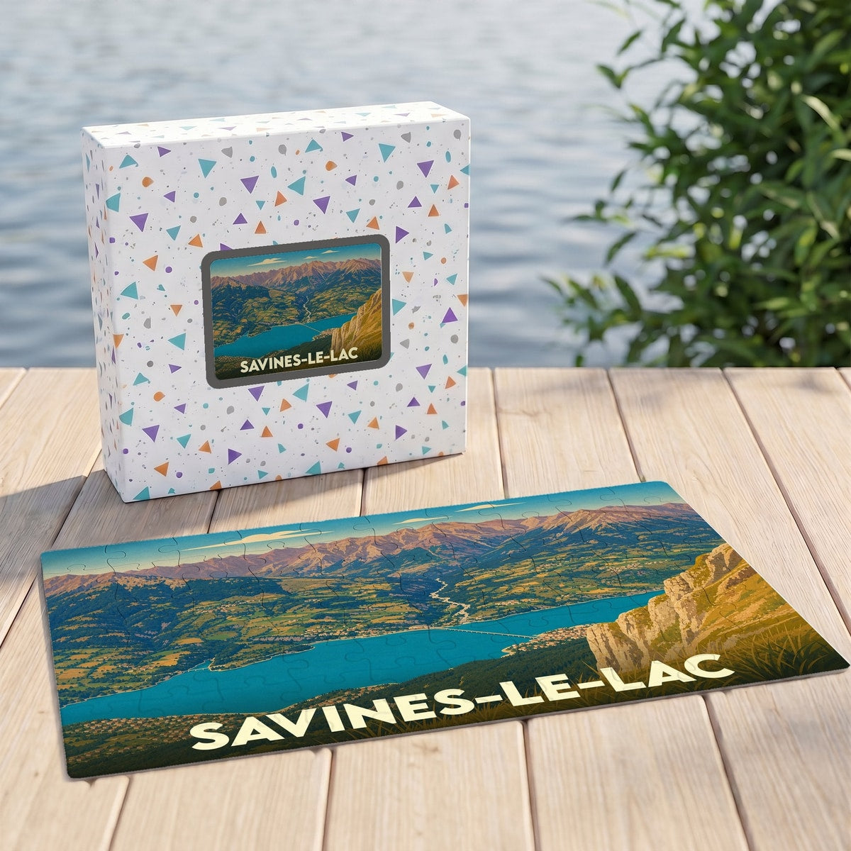 Puzzle souvenir de la ville de Savines-le-Lac avec une illustration panoramique stylisée.