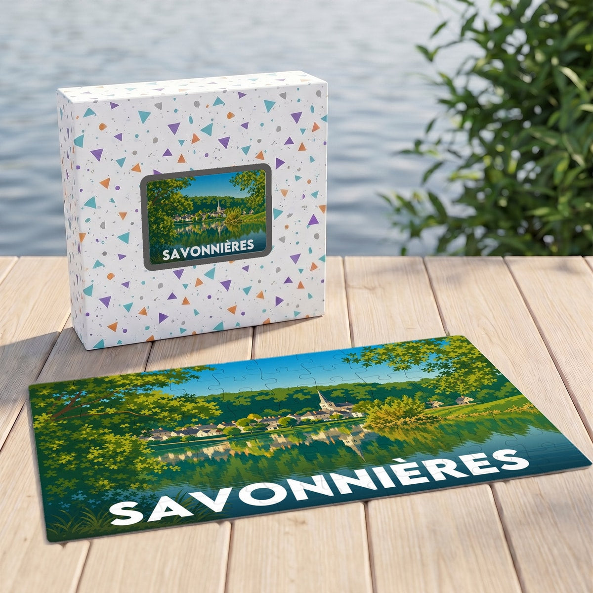 Puzzle souvenir de la ville de Savonnières avec une illustration paysagère stylisée.