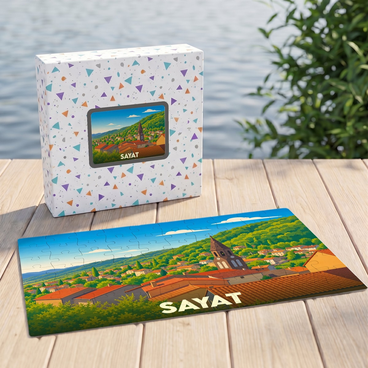 Puzzle souvenir de la ville de Sayat avec une illustration stylisée de son paysage urbain.