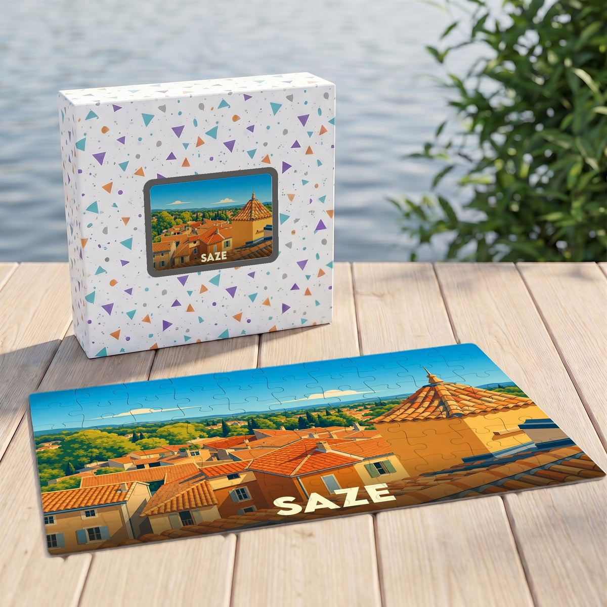 Puzzle souvenir de la ville de Saze avec une illustration stylisée de ses toits provençaux.