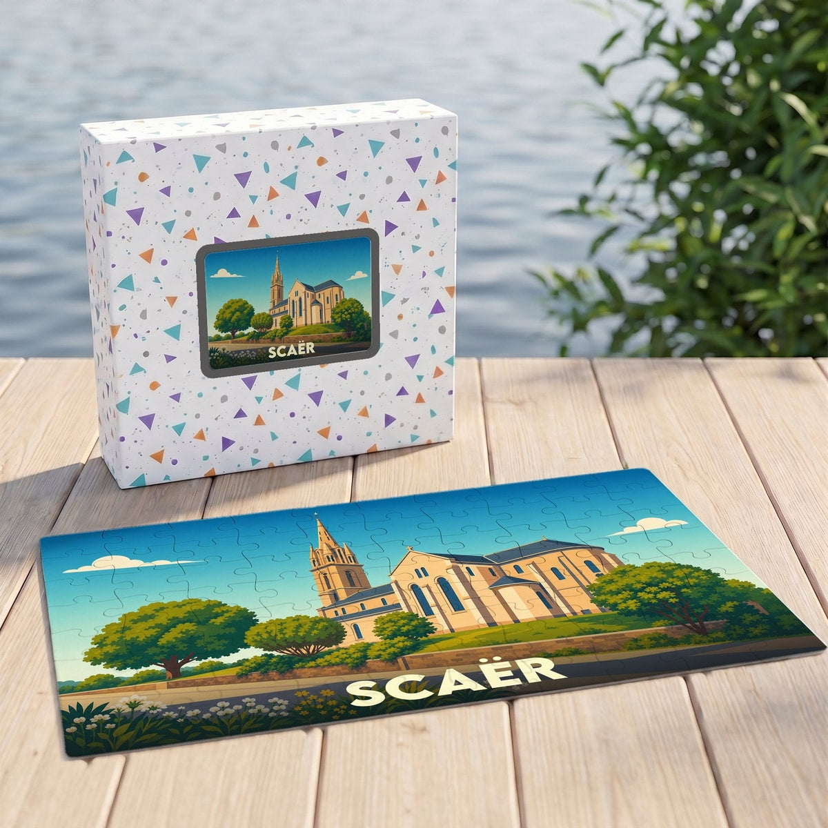 Puzzle souvenir de la ville de Scaër avec une illustration stylisée de son église.