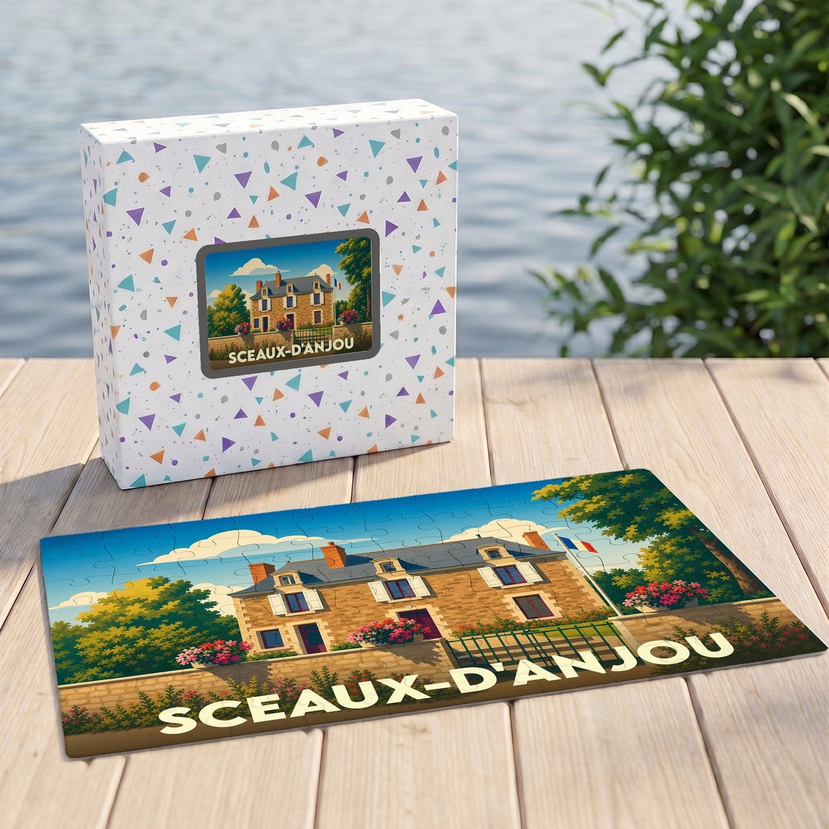 Puzzle souvenir de la ville de Sceaux-d'Anjou avec une illustration stylisée d'une maison régionale.