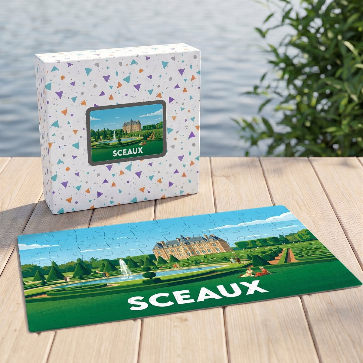 Puzzle souvenir de la ville de Sceaux illustrant son château et ses jardins à la française.