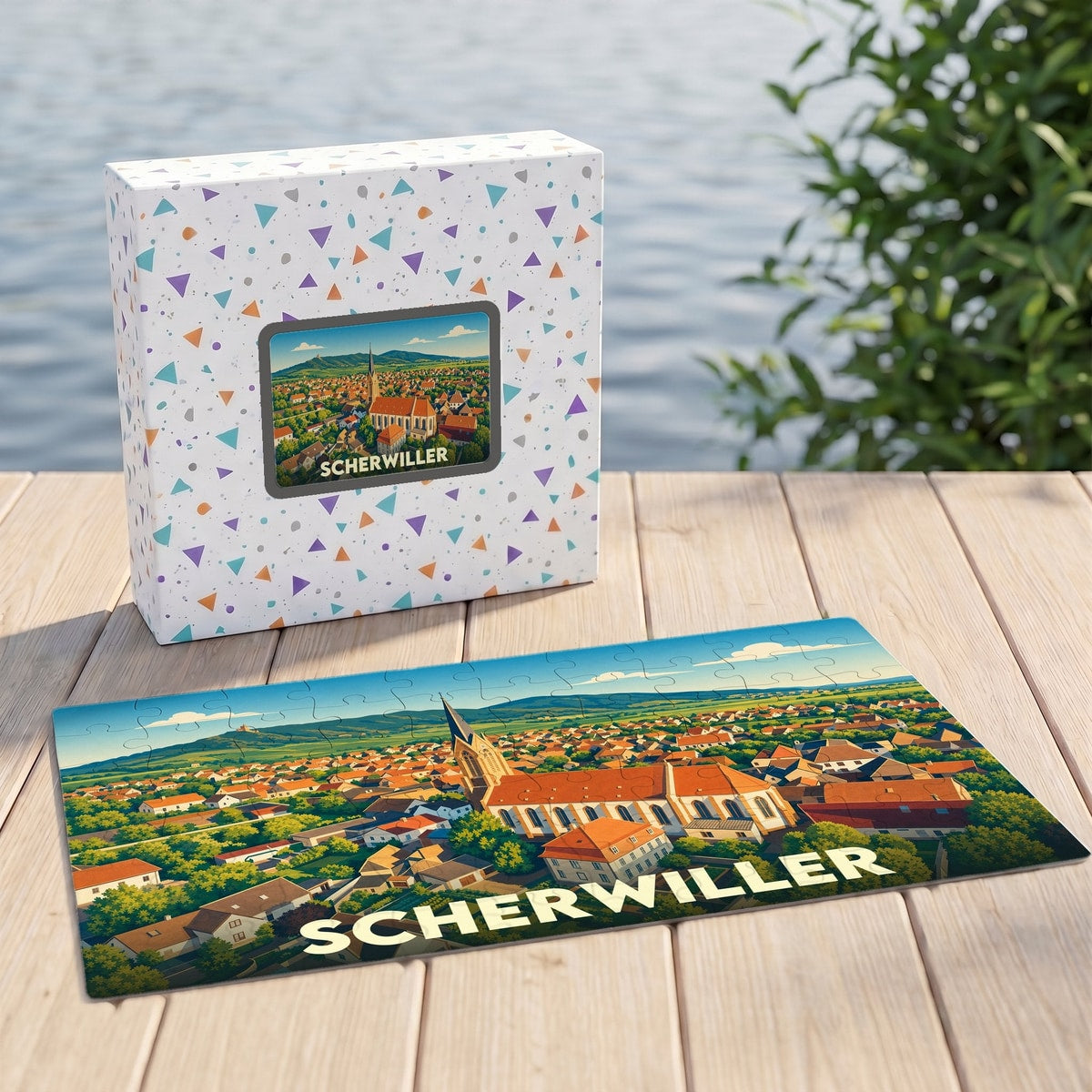 Puzzle souvenir de la ville de Scherwiller avec une illustration panoramique stylisée.