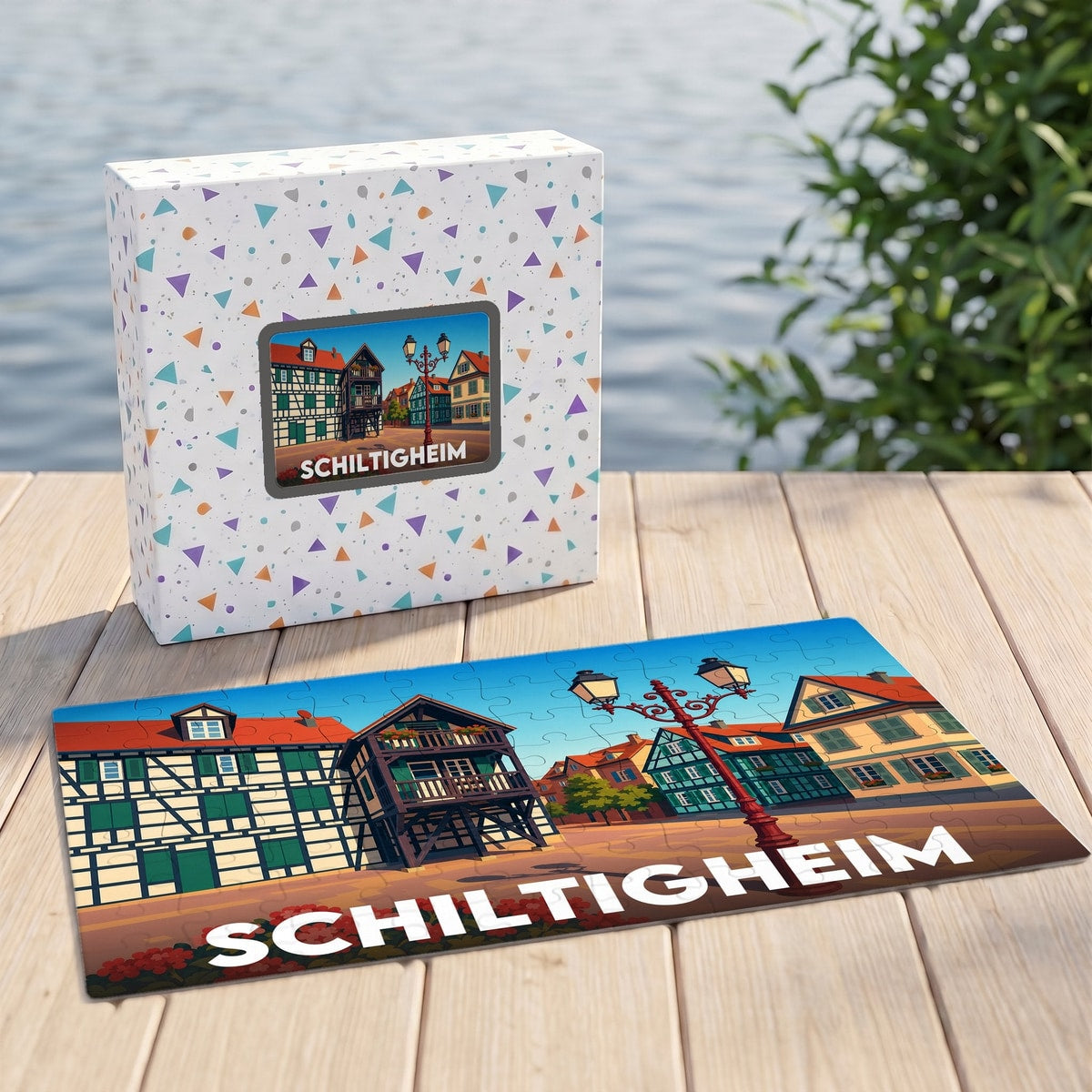 Puzzle souvenir de la ville de Schiltigheim illustré par des maisons à colombages stylisées.