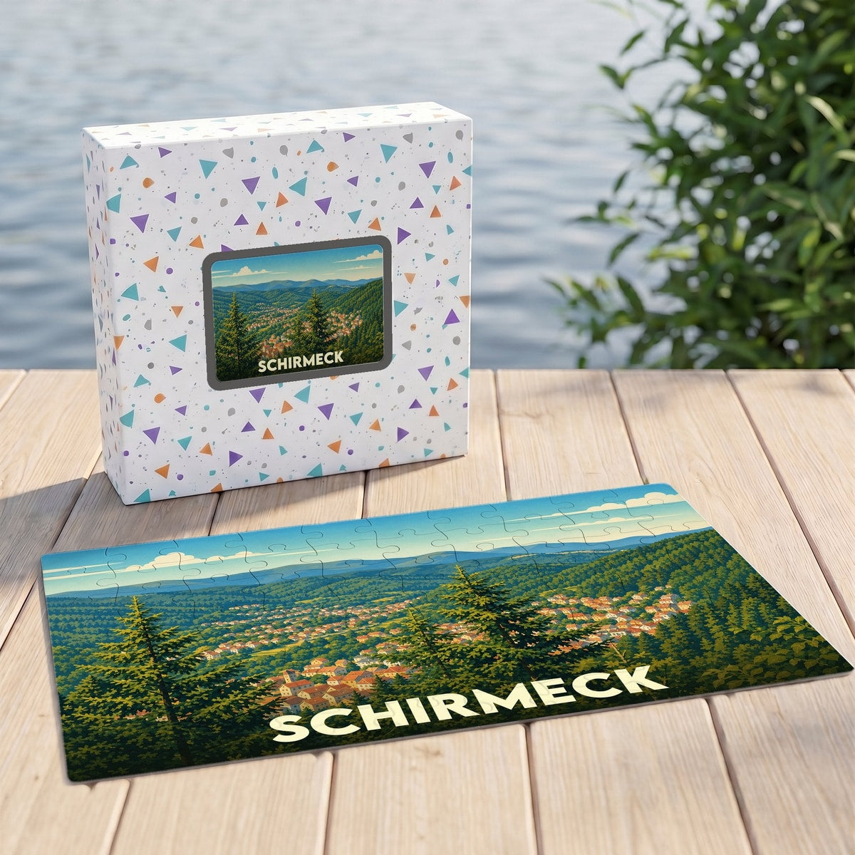 Puzzle souvenir de la ville de Schirmeck avec une illustration de son paysage verdoyant.