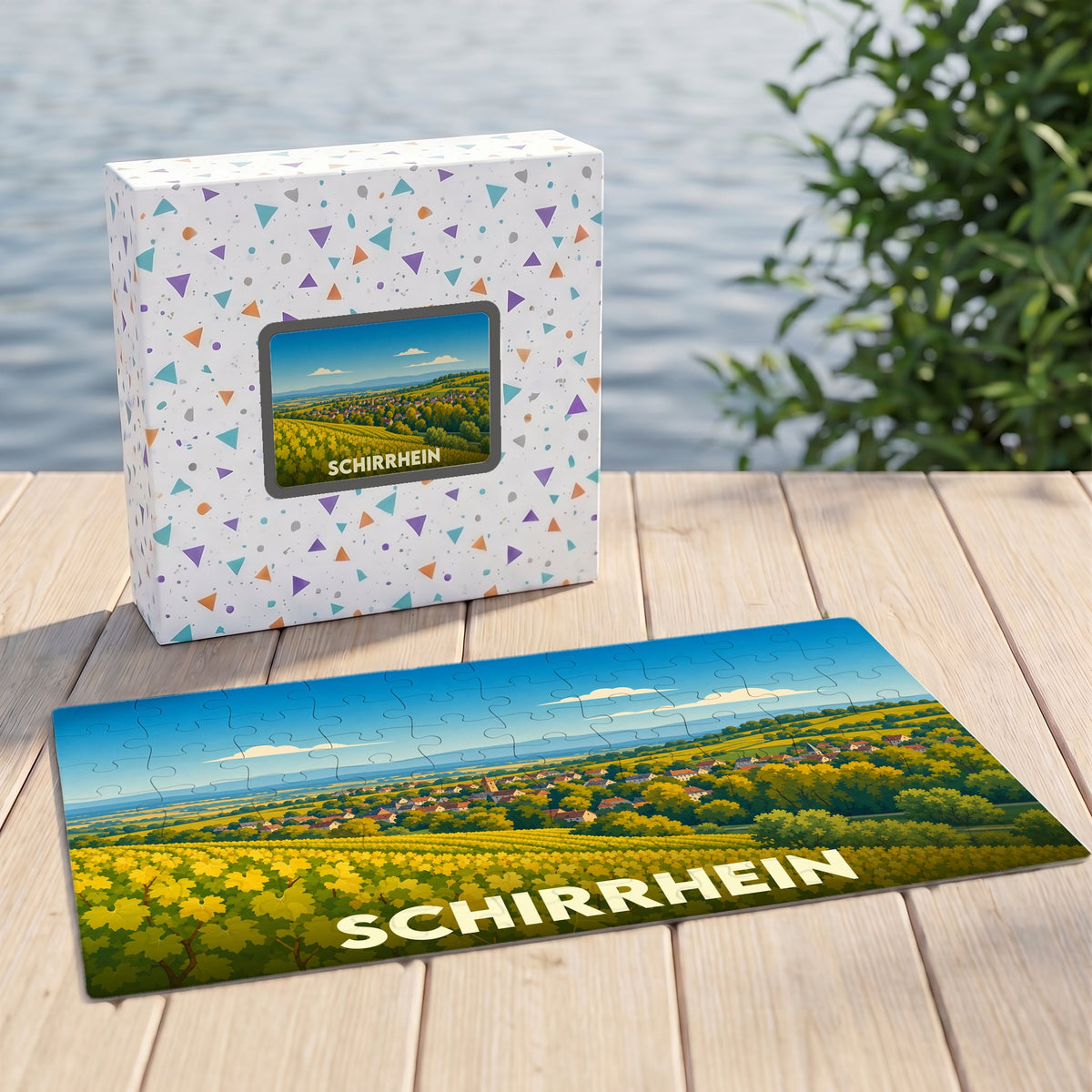Puzzle souvenir de la ville de Schirrhein avec une illustration stylisée de ses paysages.