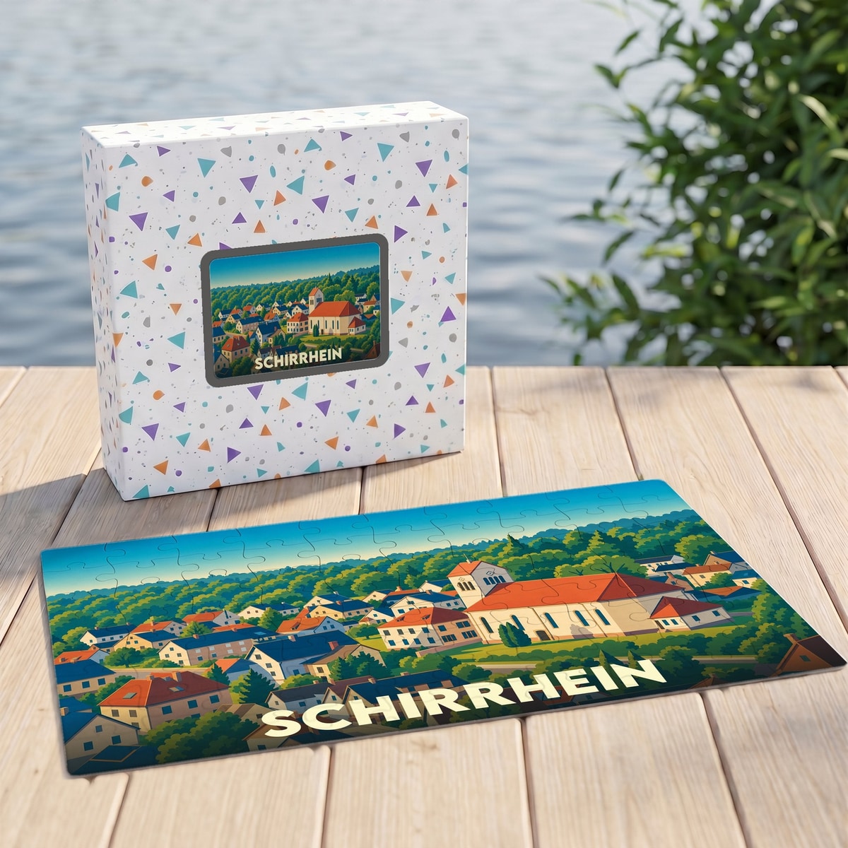 Puzzle souvenir de la ville de Schirrhein présentant une illustration colorée et stylisée d'un village alsacien.
