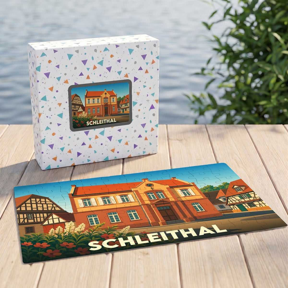 Puzzle souvenir de la ville de Schleithal illustrant un bâtiment typique dans un style coloré.