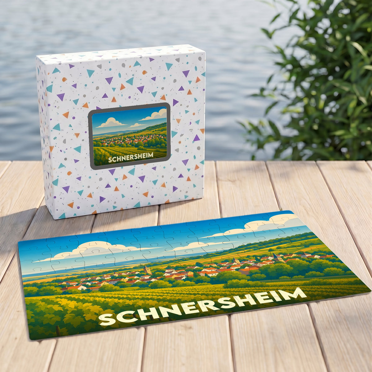 Puzzle souvenir de la ville de Schnersheim avec une illustration stylisée de ses paysages et vignobles.