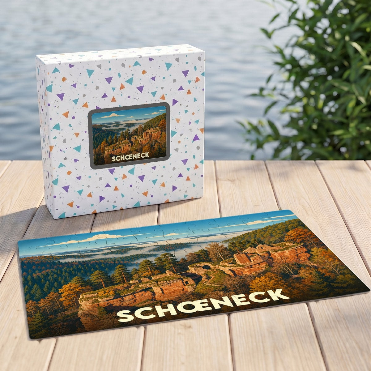 Puzzle souvenir de la ville de Schœneck avec une illustration panoramique de paysages boisés et de ruines.