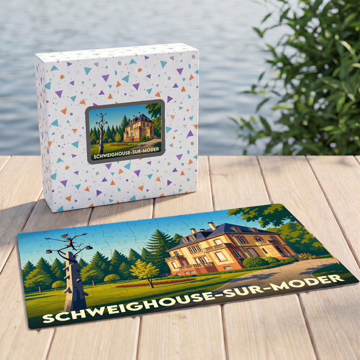 Puzzle souvenir de la ville de Schweighouse-sur-Moder avec une illustration stylisée d'un manoir.