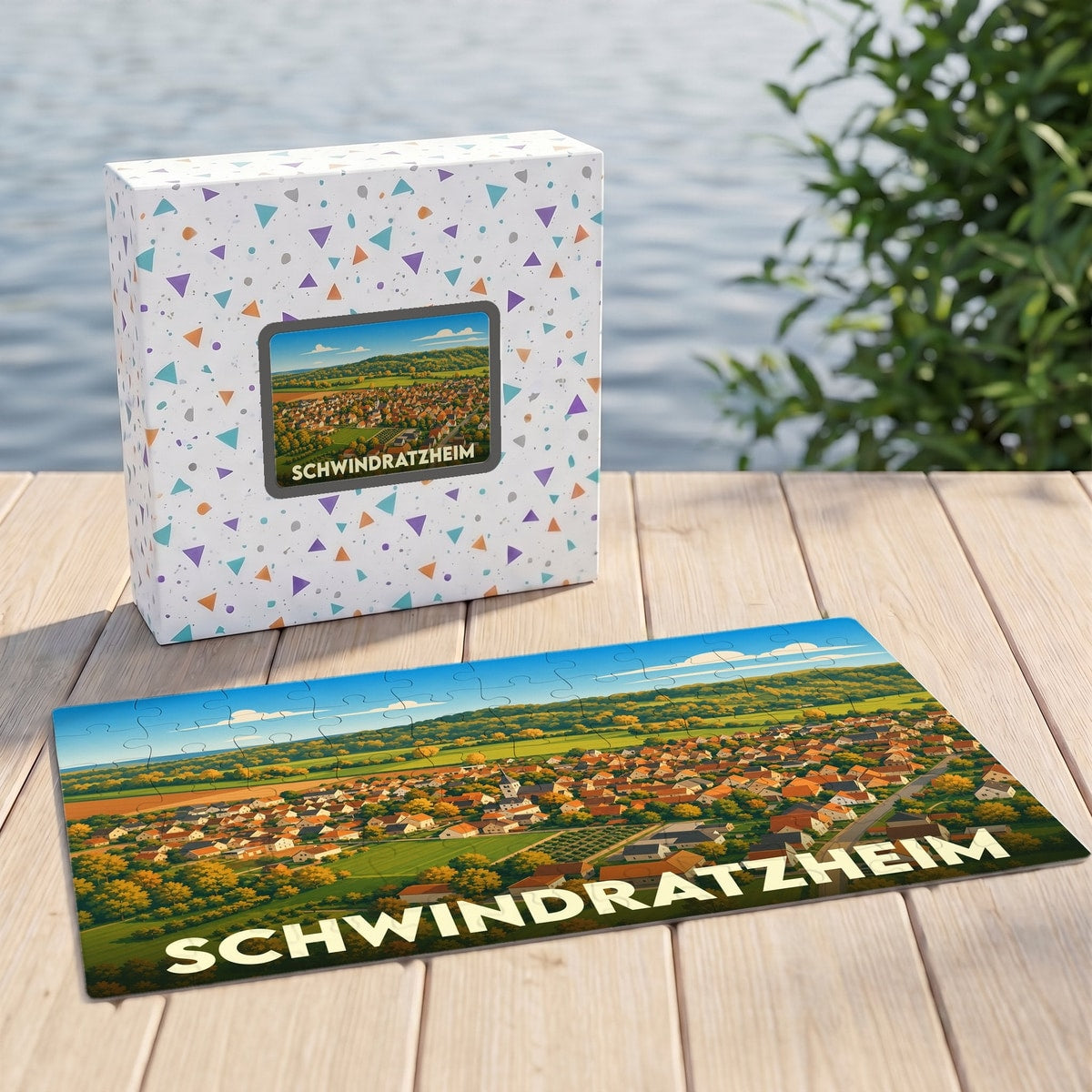 Puzzle souvenir de la ville de Schwindratzheim présentant une illustration panoramique et colorée de la commune.