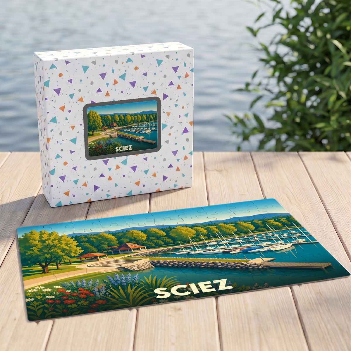 Puzzle souvenir de la ville de Sciez illustrant son port de plaisance dans un style graphique coloré.
