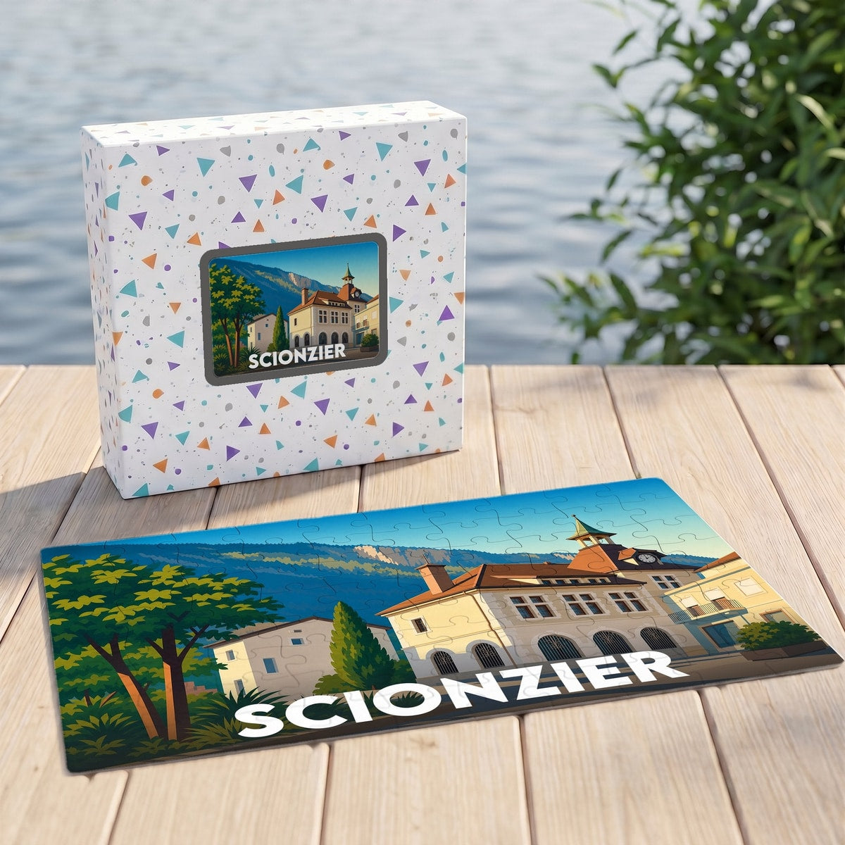 Puzzle souvenir de la ville de Scionzier avec une illustration stylisée et colorée.