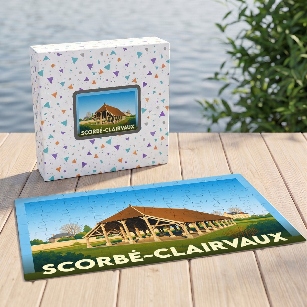 Puzzle souvenir de la ville de Scorbé-Clairvaux avec une illustration stylisée des halles.