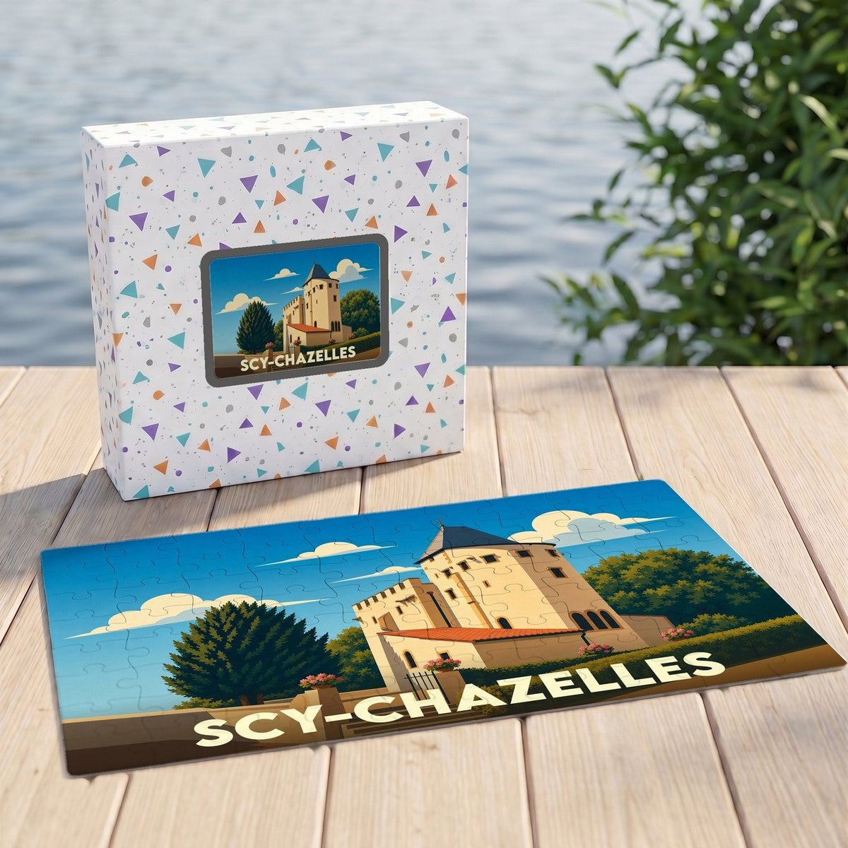 Puzzle souvenir de la ville de Scy-Chazelles illustrant son patrimoine architectural dans un style rétro.