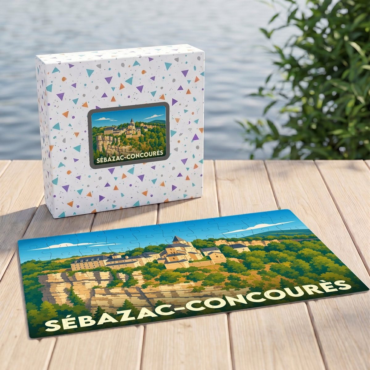Puzzle souvenir de la ville de Sébazac-Concourès avec une illustration stylisée d'un village perché sur une falaise.