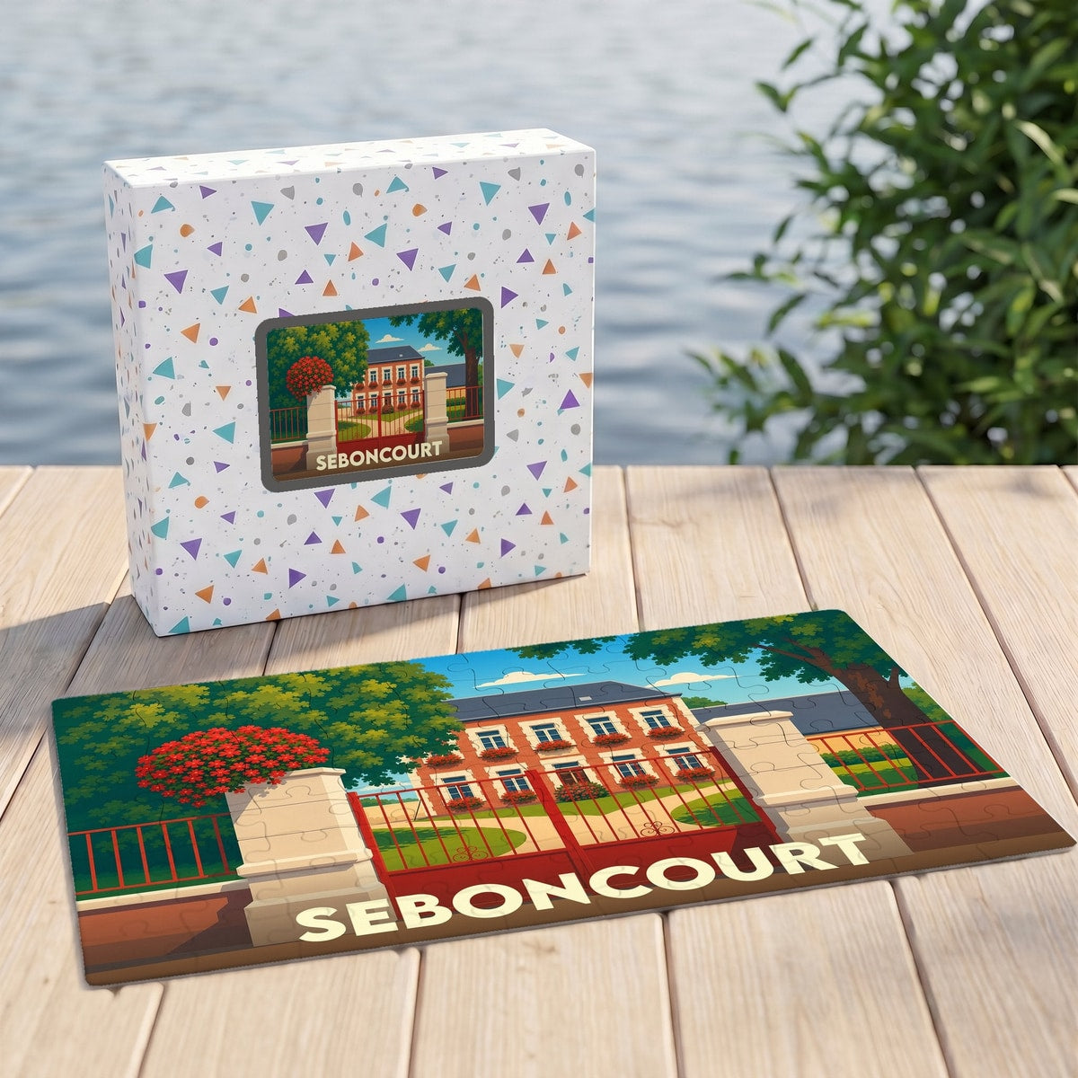 Puzzle souvenir de la ville de Seboncourt avec une illustration colorée représentant un grand bâtiment historique.
