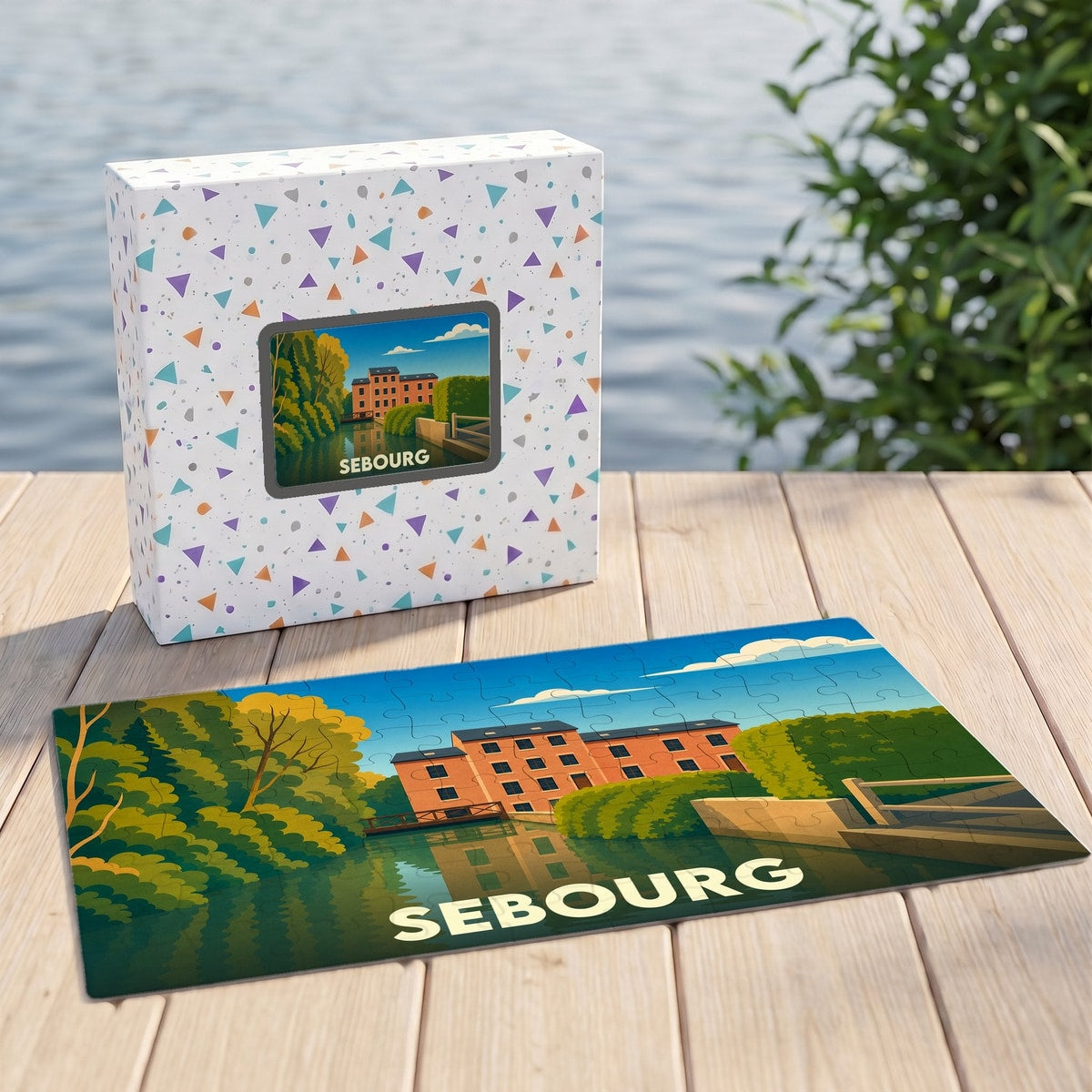 Puzzle souvenir de la ville de Sebourg représentant une illustration stylisée d'un moulin au bord de l'eau.