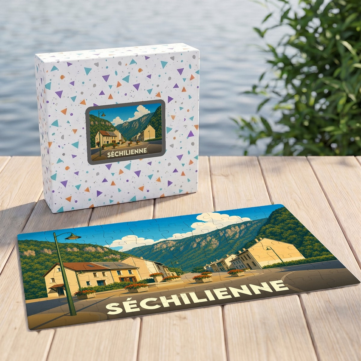 Puzzle souvenir de la ville de Séchilienne avec une illustration stylisée de ses paysages montagneux.